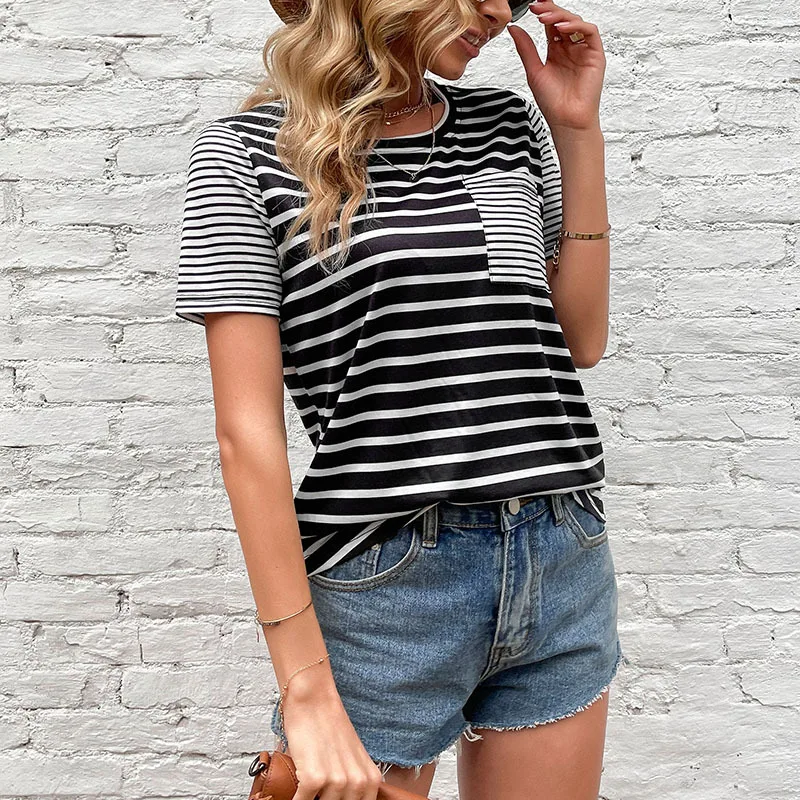 

2022 Europe America Women T Shirt Cotton Short Sleeve Lady Striped T-Shirt Summer Female Trendy Fashion Loose Top S M L XL
