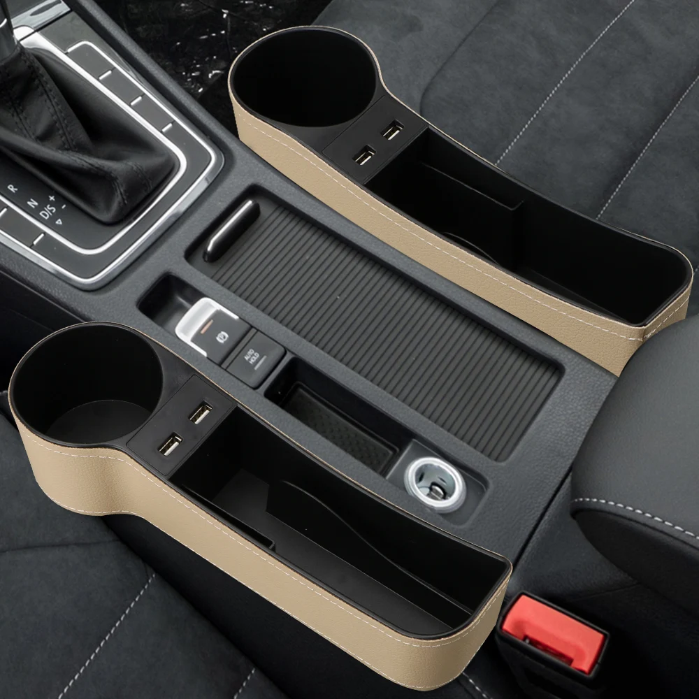 

Seat Gap Slit Box Car Accessories Car Organizer Dual USB Charger Leather Car Seat Gap Storage Box Phone Bottle Cups Holder Box