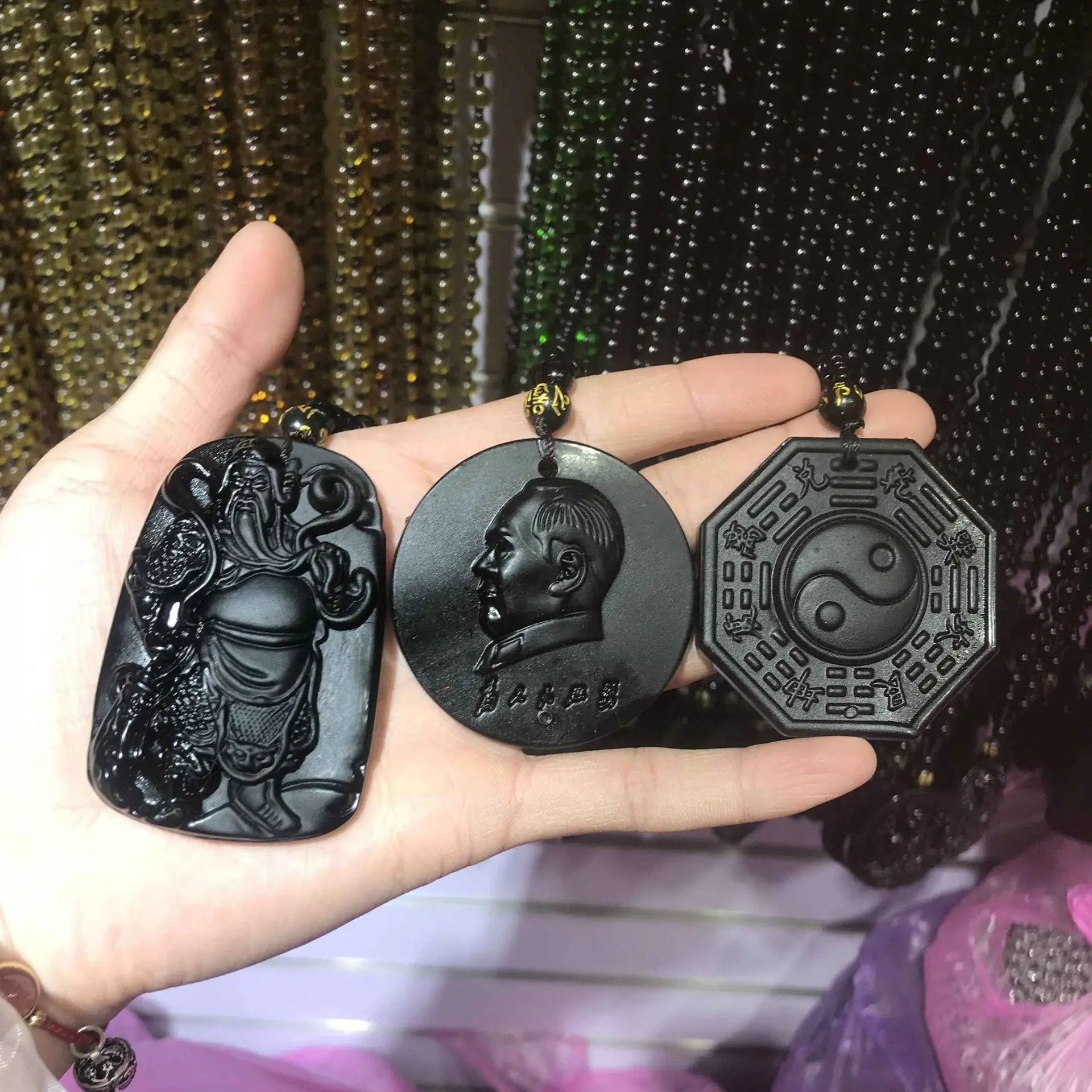 Подвеска с черным обсидианом для мужчин и женщин ювелирное изделие гравировкой