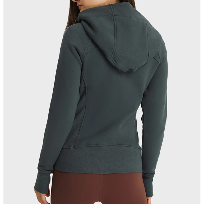 Hiking Thick Warm Hooded Running Jackets Women Autumn Winter Fitness Sports Lulucoat Casual Thumb Hole Zipper Outdoor Pockets