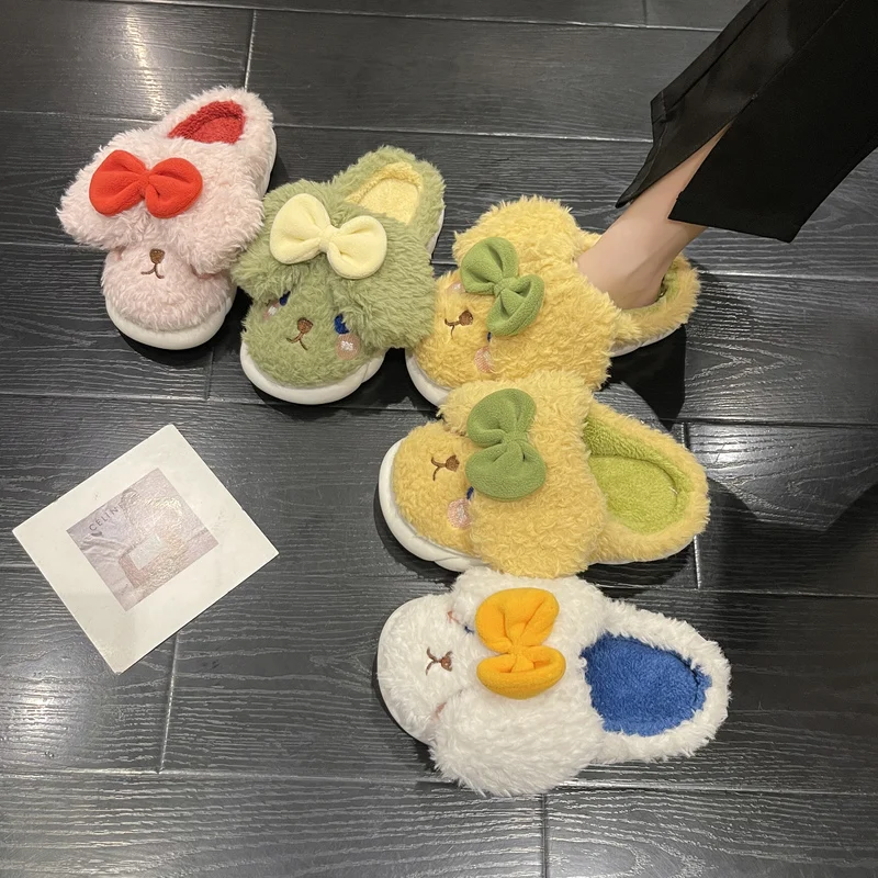 

Fur Shoes Winter Woman Slipper Slides Med Butterfly-Knot Lady Flock Fashion Plush Girl Flat Massage Luxury with fur Butterfly-kn