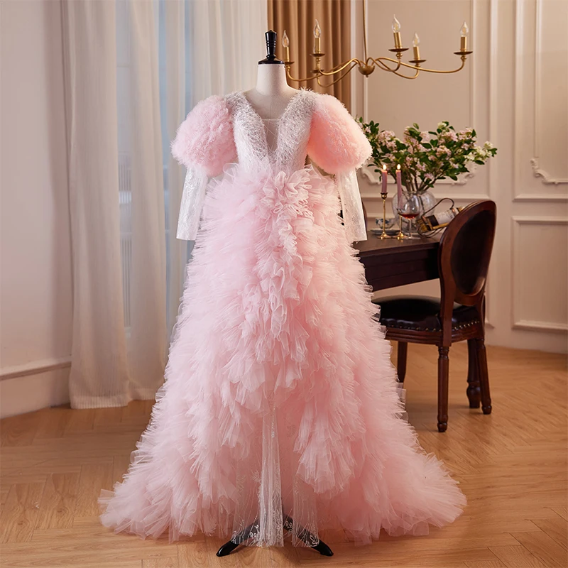 

Женское вечернее платье в пол, розовое Тюлевое плиссированное платье-трапеция с V-образным вырезом и рукавом до локтя, модель B2628