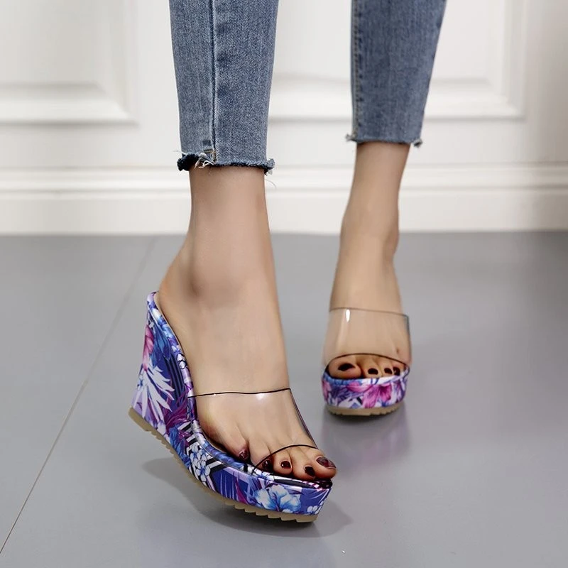 Summer Fashion Sexy Womens Wedge Heel Thick Bottom Waterproof Platform Fish Mouth Transparent Pvc Slippers Print Outdoor