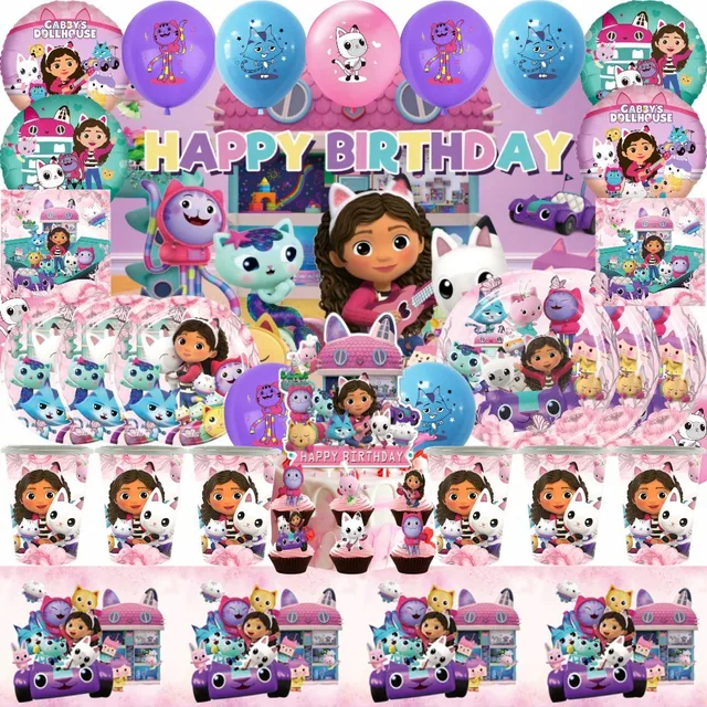 New Gabby Dollhouse Cats Birthday Party Decoration Balloon Pink Cartoon Tableware Backdrop Baby Shower Kids Girls Party Supplies 1