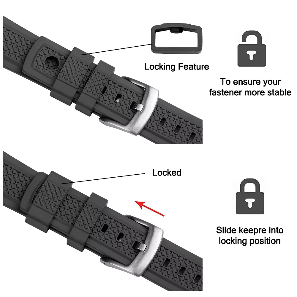 Premium Grade Diving Watchbands 20mm 22mm Sliding Locking Quick Release Rubber Watch Strap Waterproof For Men Women
