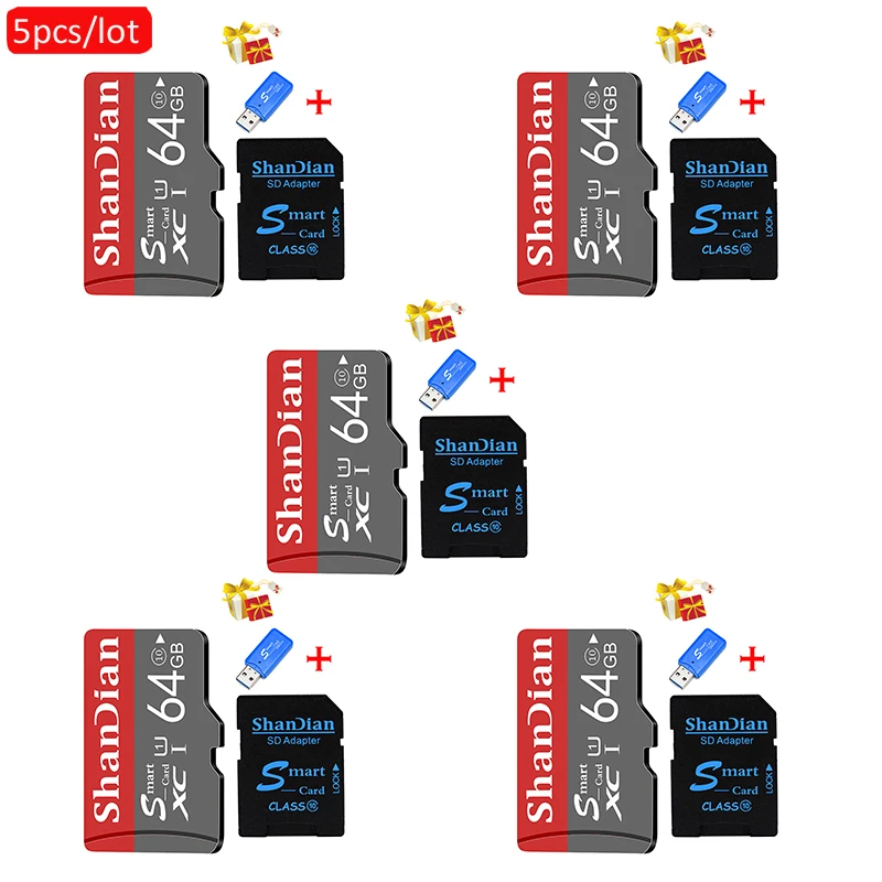 

5PCS/LOT SD Card 32GB High Speed Class 10 64GB Real Capacity Mini SD Memory Card TF Card for Smartphone Give card reader gift