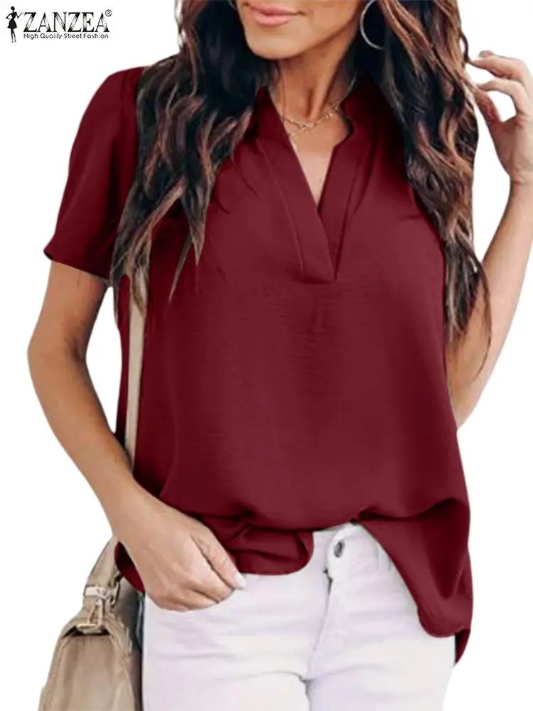 

ZANZEA Stylish Women Solid Blouse Summer Fashion Elegant Office Tops Tunic Casual Party Blusas V Neck Short Sleeve OL Work Shirt