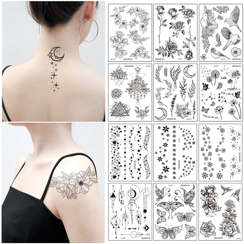 

Черная сексуальная тату-наклейка с цветами, временная водостойкая татуировка на плечо до лодыжки, 3D Реалистичная татуировка для боди-арта, имитация татуировки для женщин и мужчин
