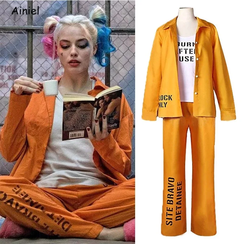 Women Girls Suicide Harley Cosplay Costumes Squad Quinn Monster Orange Jacket Pants Prison Uniform Sets Halloween Clothes
