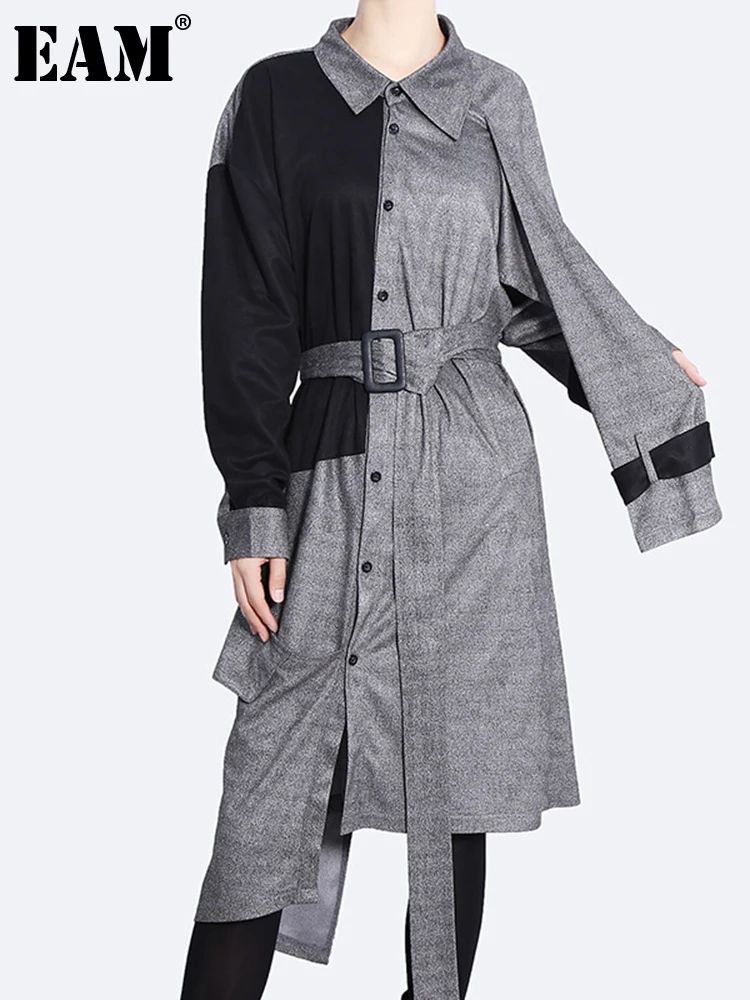 

Женское платье-рубашка EAM, серое асимметричное длинное платье-рубашка большого размера с отворотом и длинным рукавом, весна-осень 2022, 1DF2351