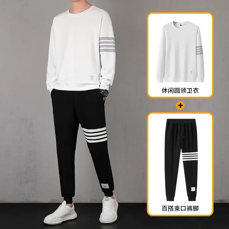 Men's Casual Sports Suit Waffle Foreign Trade Supply Korean Fashion Trendy plus Size round Neck Sweater Two-Piece Set