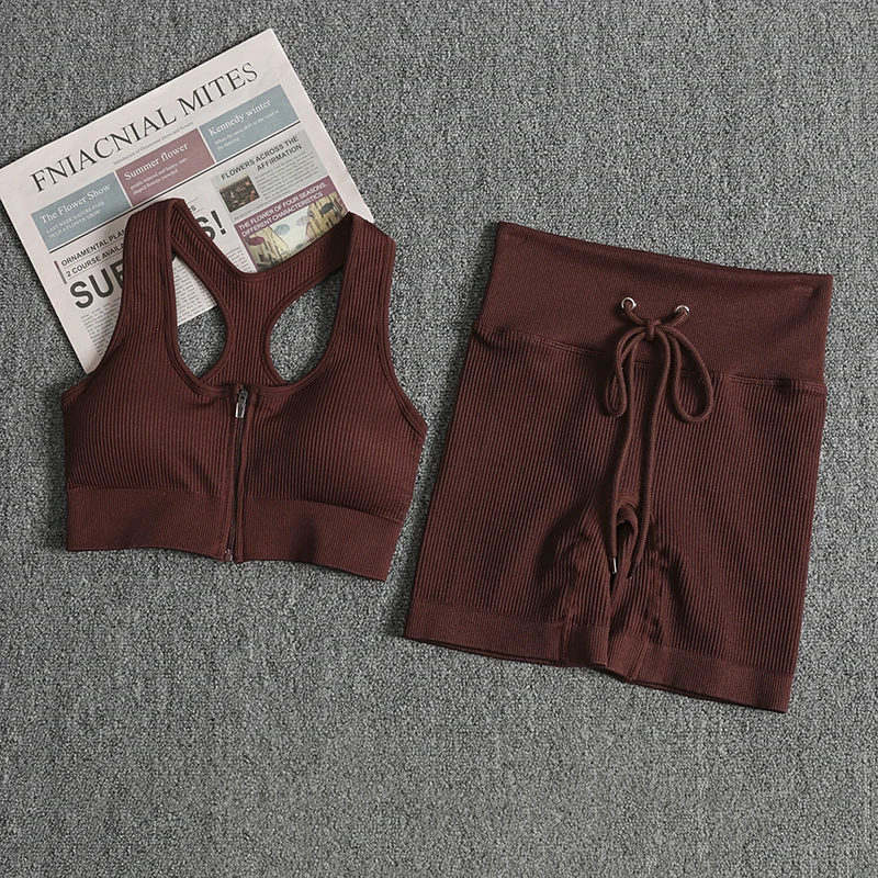Ribbed Yoga Sets Shorts Drawstring Women Fitness Seamless 2 PCS Sportswear Zipper Sports Bra Shorts Outfit Workout Gym Clothing