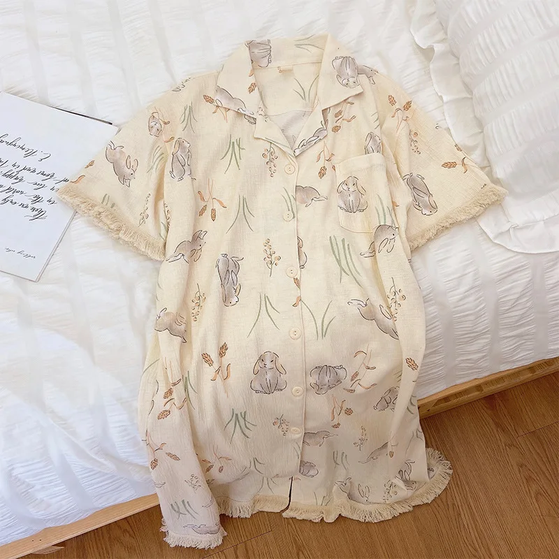 QWEEK Gauze Rabbit Print Nightie Cardigan for Women Kawaii Cotton Sleepwear Korean Style Loungewear Sweet Night Dress