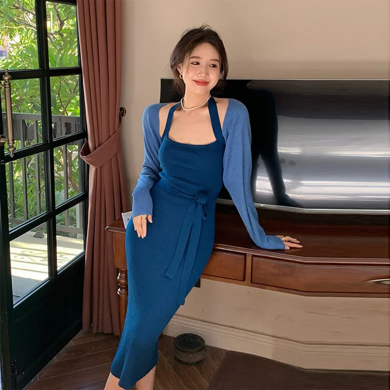 

2022 Autumn Winter New Women Sexy Suspenders Long Knitted Dress Slim Fit Halter Neck Lazy Cardigan Shawl 2-piece Bottoming Skirt
