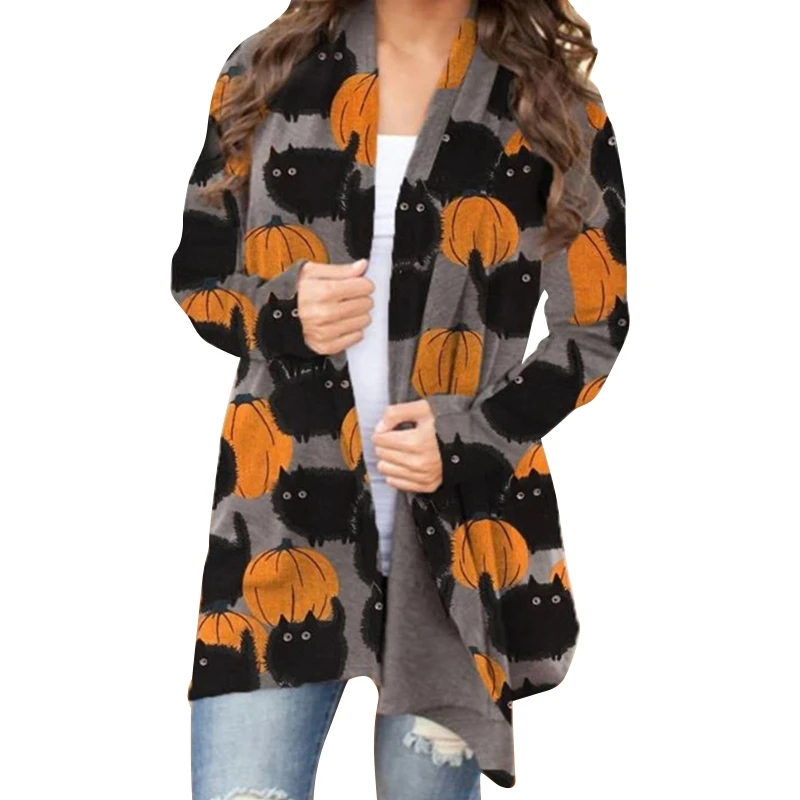 

Halloween Print Cardigan for Women Open Front Knit Sweater Long Sleeves Cardigan