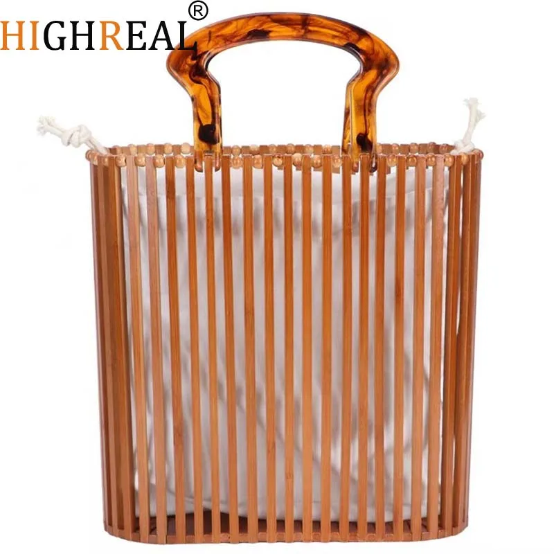 

Vintage Woven Bascket Beach Bag Women Summer Hollow Out Acrylic Handle Bamboo Straw Day Clutches Handbag Bohemia Holiday