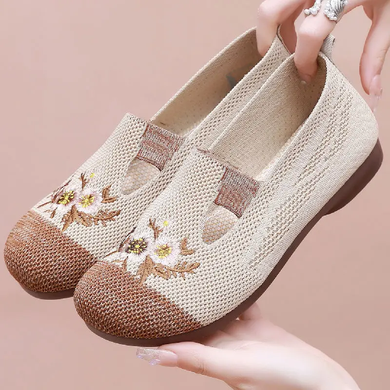 Comfortable Knit Flats Women's Shoes 2023 New Slip On Sneakers Mom Driving Loafers Woman Breathable Flower Ultra Light Flat Shoe