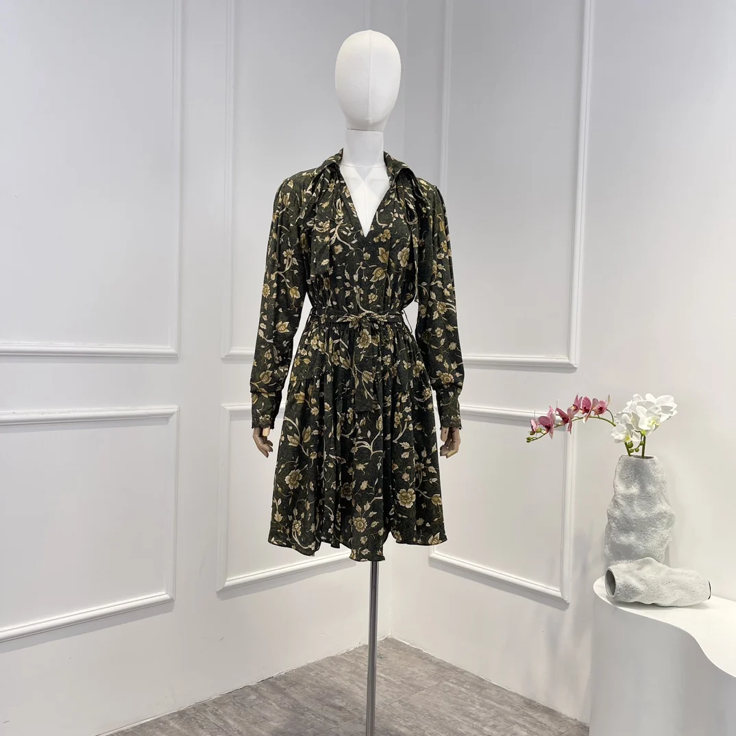 

Винтажное шелковое мини-платье с цветочным принтом, длинным рукавом, вышивкой, манжетами и поясом с высокой талией, 2023