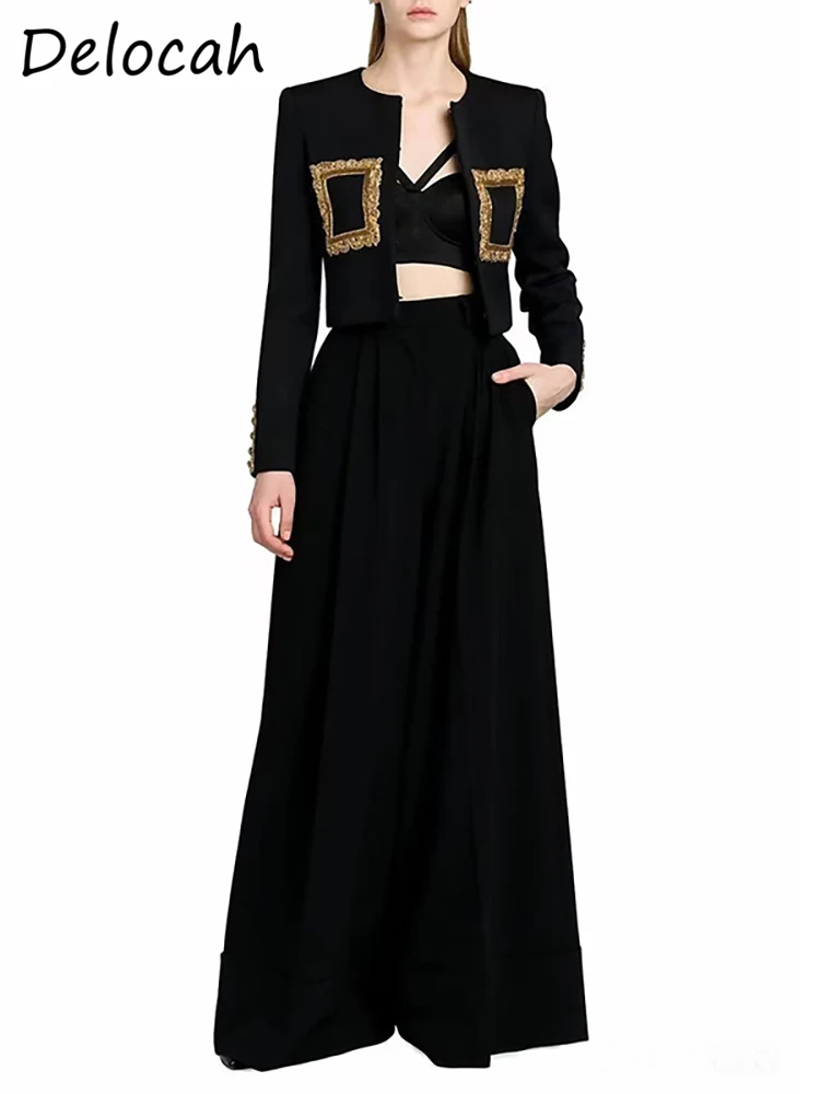 

Delocah High Quality Summer Women Fashion Designer Pants Sets Long Sleeve Embroidery Short Coats + Wide Leg Black Pants Suits