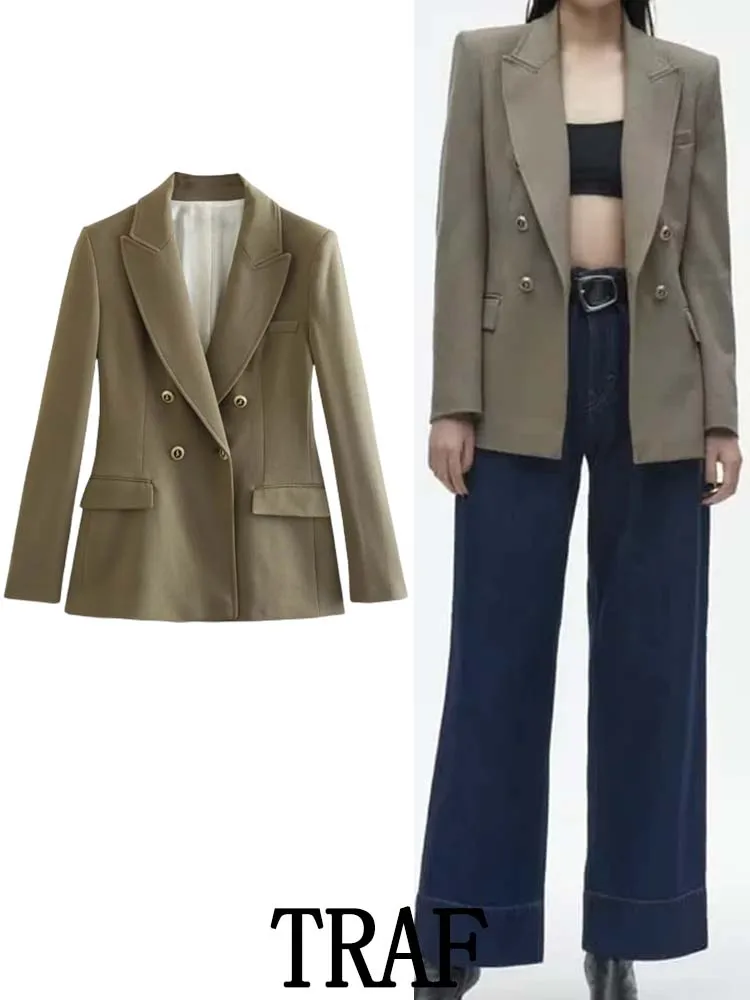 

Женский облегающий блейзер с карманами, двубортный пиджак с длинным рукавом, повседневный жакет, весна-осень 2023