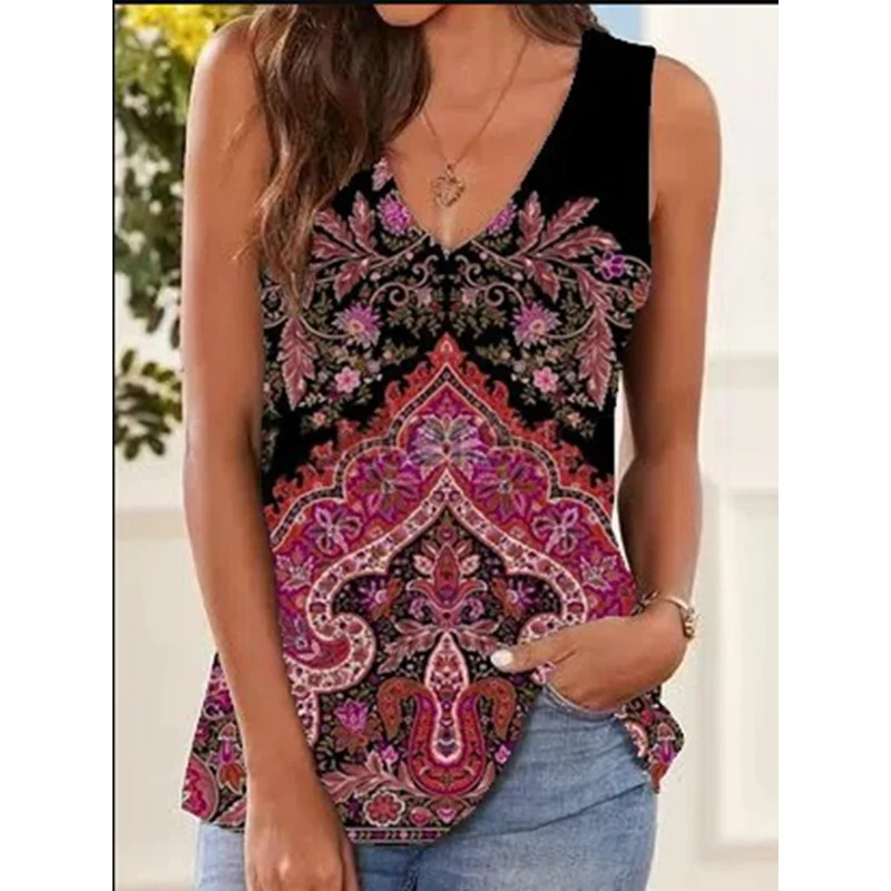 

Футболка женская с V-образным вырезом, Модный повседневный Свободный жилет, Однотонная рубашка с принтом, лето