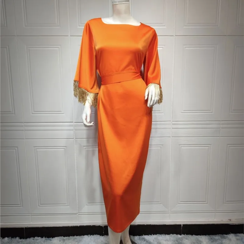 Sexy Maxi Dress Women's Ethnic Costume Robe Elegant Muslim African Dress Orange Tassel Neck Waist Long Sleeves 2023 New Vestidos