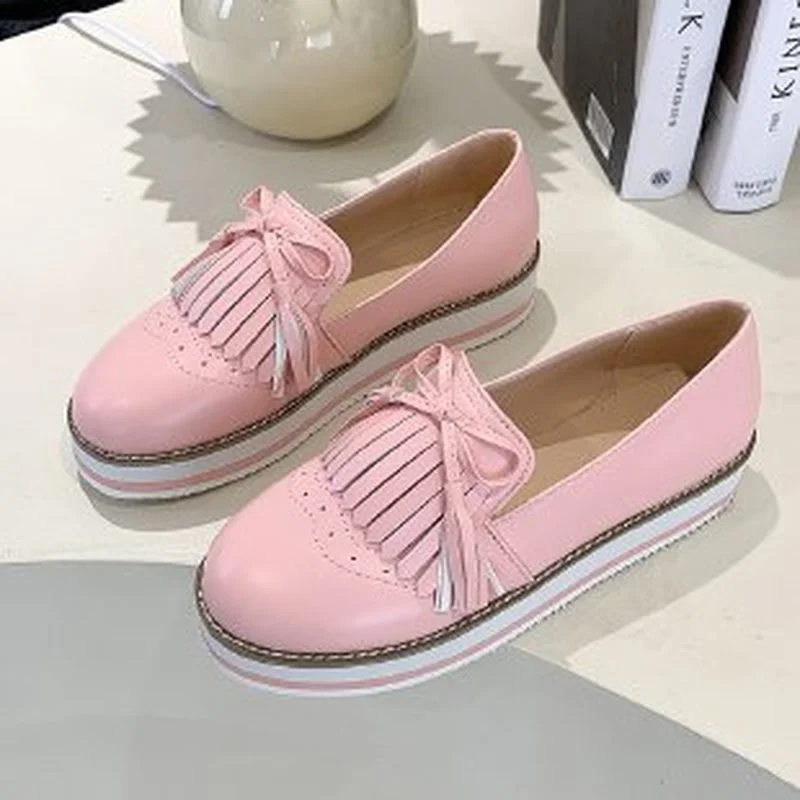 Ladies Fringe Bow Loafers Ladies Slip-On Sneakers Ladies Platform Sneakers Soft PU Leather Sewing Flats Ladies All Seasons New