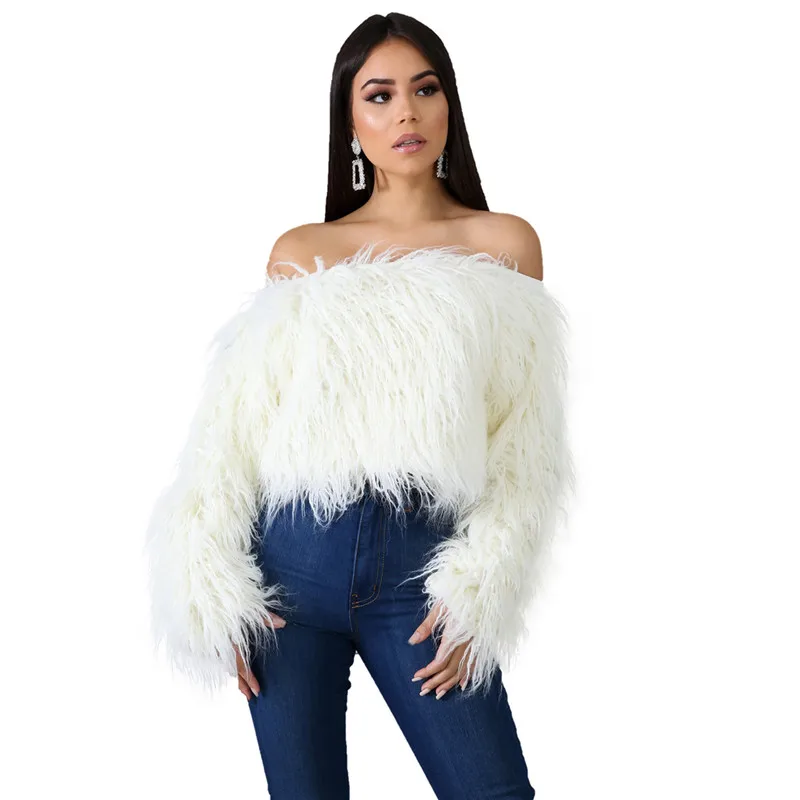 

Women Sexy Off Shoulder Faux Fur Crop Top Changing Color Slash Neck Long Sleeve Sweater Fashion Tops Warm Winter Jumper