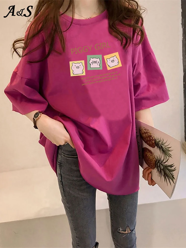 

Anbenser Korean Style Summer T-Shirt Women Tops New Fashion Casual Tee Shirt Female O-neck Cartoon PIGGY GIRL Oversized Tshirts