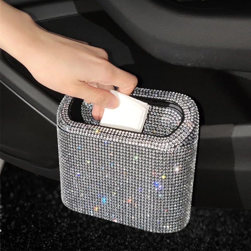 

Glitter Trash Can Auto Supplies Storage Box Garbage Grabber Bling Rhinestone Interior Accessories Square Pressing Car Trash Bin