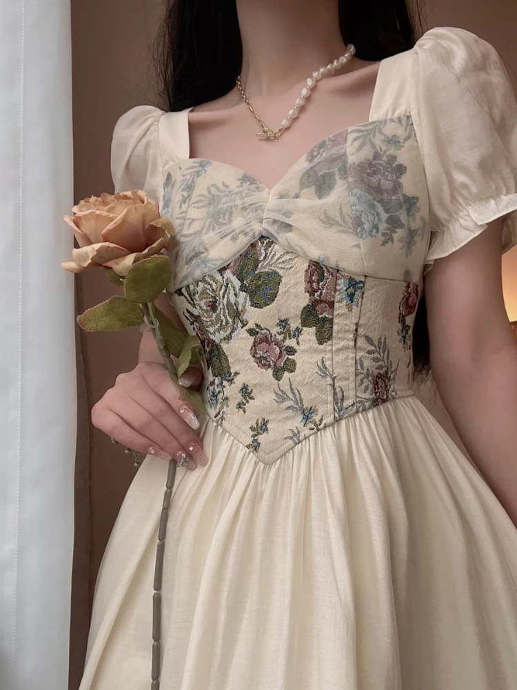 

Summer Floral France Vintage Dress Women Print Korean Style Elegant Party Midi Dress Puff Sleeve Retro Princess Sweet Dress 2022