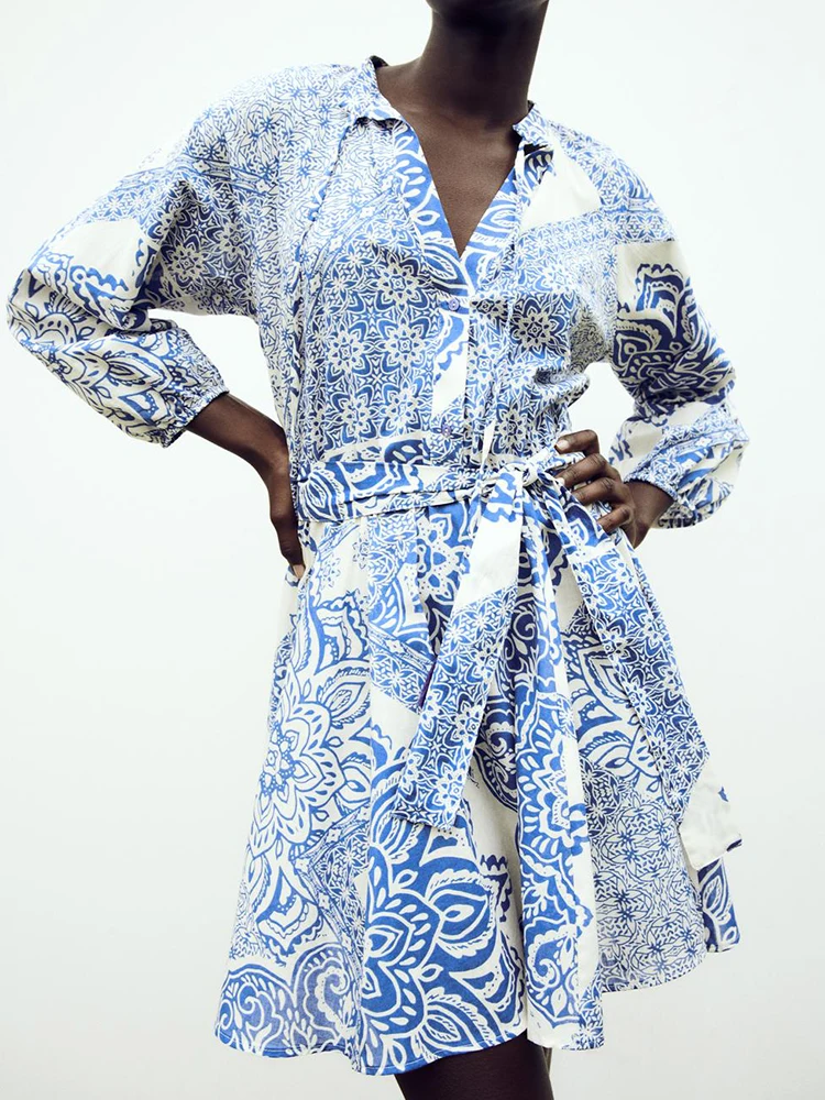 

Повседневное женское мини-платье со шнуровкой и принтом, короткое Плиссированное Платье с V-образным вырезом и длинным рукавом, женские винтажные модные женские платья, новинка 2023