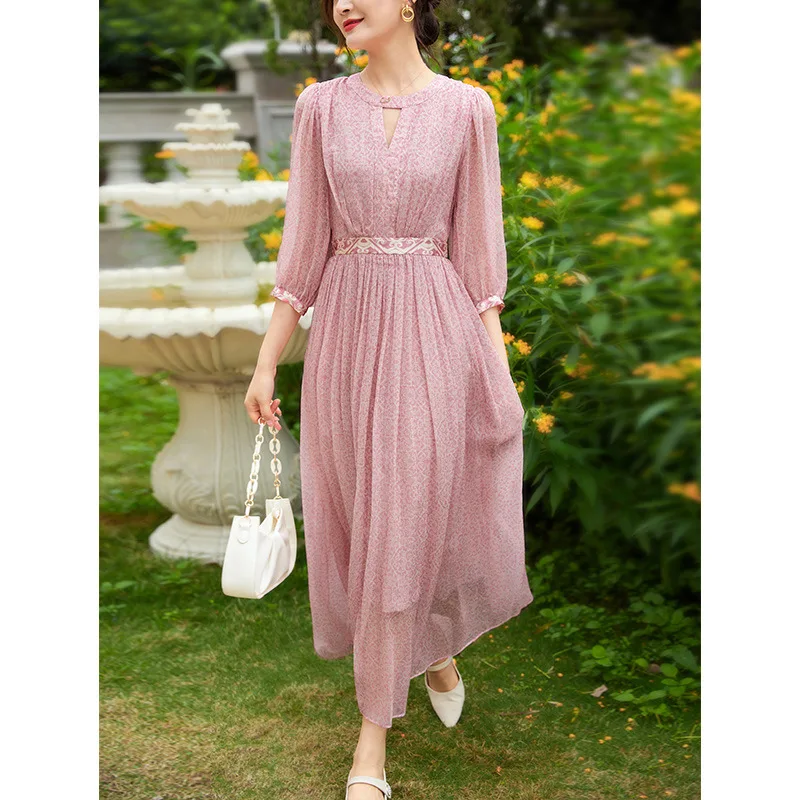 Luxury Heavyweight Pink Fairy Dress with Silk Medium Sleeves, Spring/Summer Design, Silk Long Dress, High Waist, Slim Appearance