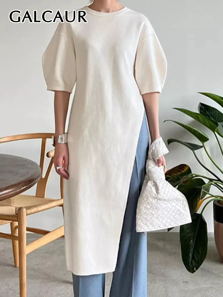 

GALCAUR Pullover Dresses For Women Round Neck Lantern Sleeve Minimalist Irregular Split Dress Female Autumn Clothing Fashion New