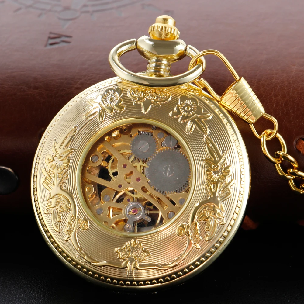 Wooden Vintage Pocket Watch Mechanical Men's and Women's Handbag Steam Punk Necklace Fob Watch Chain Roman Digital Clock Gift