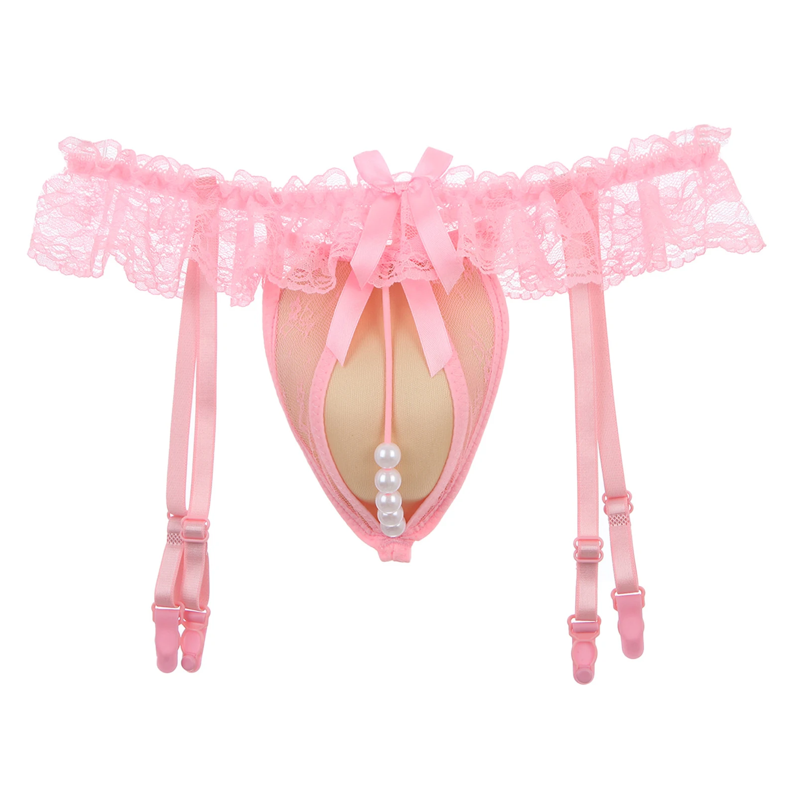 

Mens Lace Cross-Dresser Thong Transvestite Sissy Underwear Bowknot Artificial Pearls T-Back Low Rise Bulge Pouch G-String Briefs