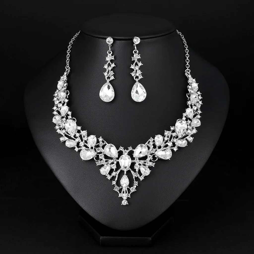 

KMVEXO Silver Color Crystal Bridal Jewelry Sets Water Drop Choker Necklace Earrings Set Wedding Ornament for Women Pageant Party