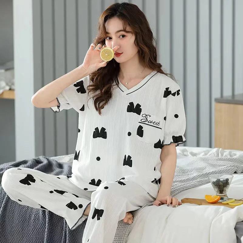 Summer Pajamas Set Women 100% Cotton Short Sleeve 2 Piece Set Nightwear Turn-Down Collar Homewear Lounge Clothes Pijama Femme