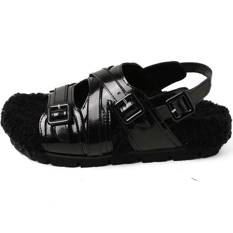 

Autumn Platform Fur Sandals Thick soles 100% Mink Fur Slippers Black Furry Sandals Slippers Flat-Soled Women's Shoes