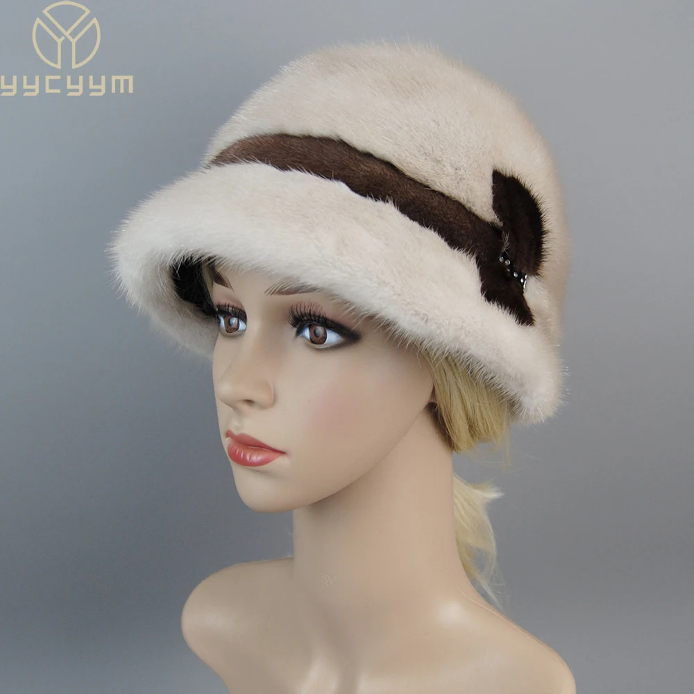 Brand Woman Hat Winter Solid Mink Caps With Fashion arrow Natural Mink Fur Hats Russian Girl Soft Knitting Real Fur Bucket Hats