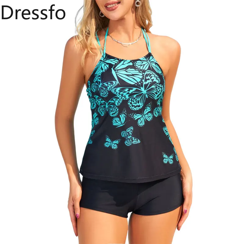 

Dressfo Contrasting Butterfly Print Tankini Swimsuit Adjustable Straps Crossover Padded Halter Two Piece Swimwear Bathing Suit