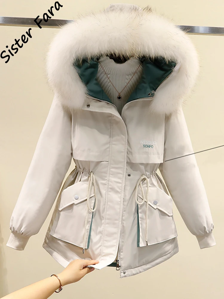 

Sister Fara Winter New Style Big Fur Down Cotton Padded Jacket Women Poacket Detachable Fur Women's Winter Jacket Parka Coat