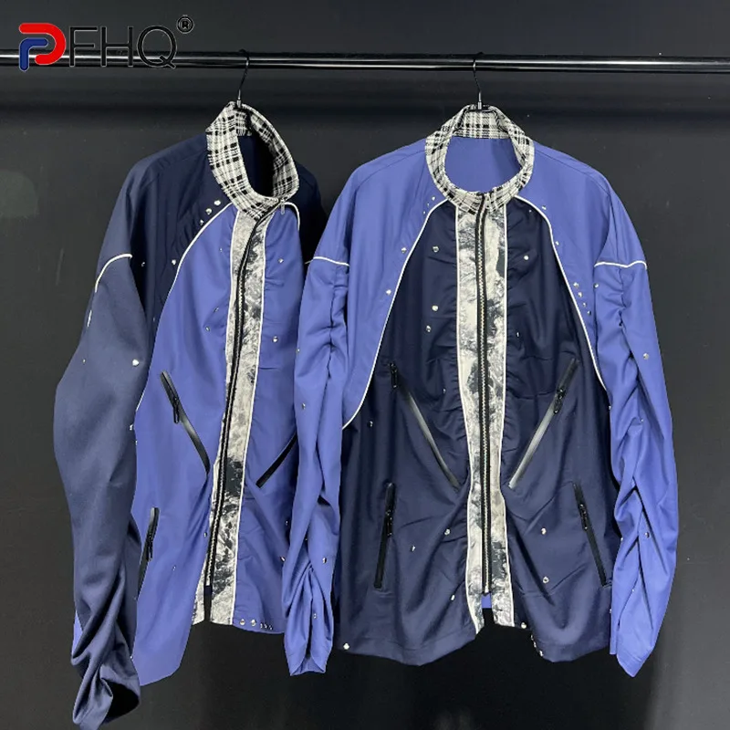 

PFHQ Standing Neck Long Sleeved Shirts Popular Casual Men's Youth Rivet Metal Zippers Niche Plaid Loose Versatile Coat 21Z1902