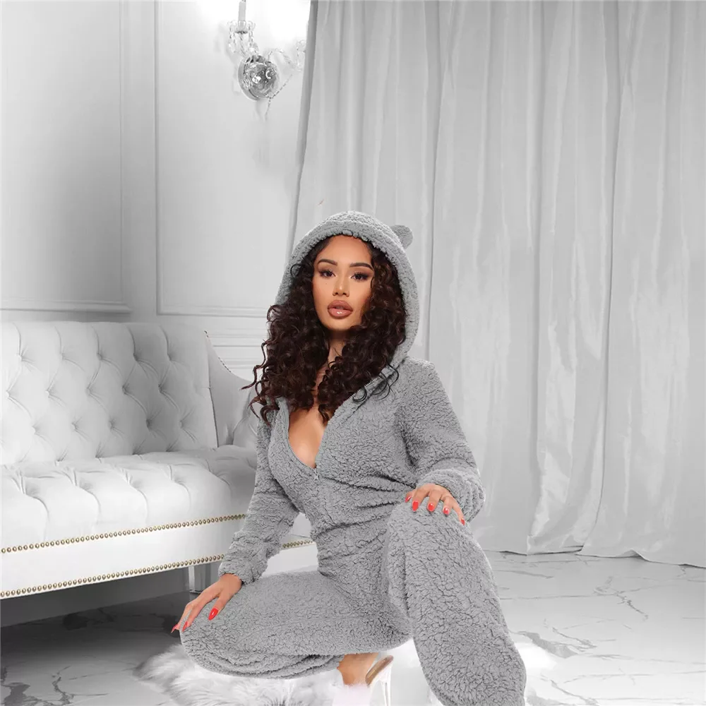 

Fleece Jumpsuits For Women 2021 Autumn Winter Outfit Women Hooded Romper With Zipper Winter Cute Plush Pajamas