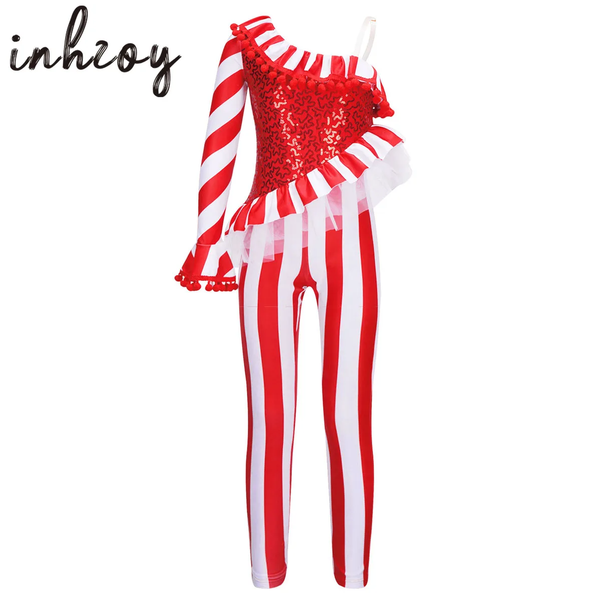 

Kids Girls Sequins Christmas Stripes Jumpsuit Bodysuit Costume Candy Cane Xmas Santa Fancy Dress Up Ballet Unitard Dancewear