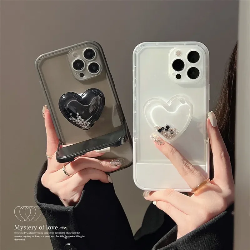 

3D Love Heart Quicksand Holder Stand Transparent Soft Case for iPhone 13 12 11 14 Pro Max 14 Plus X XR XS MAX Shockproof Cover