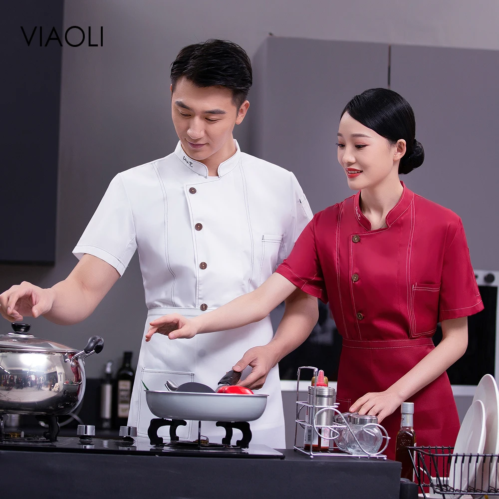 

Fashion Bakery Hotel Work Uniform Tops Solid Color Single-breasted Wholesale Unisex Short-sleeve Embroidery Chef Jacket Shirt