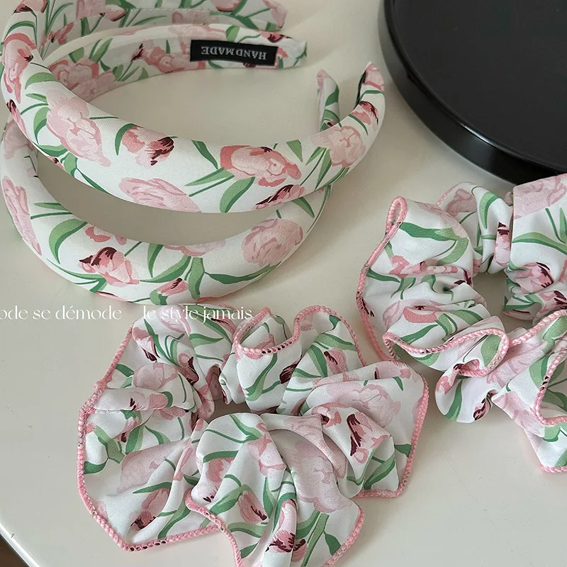 

Tulip Oil Painting Vintage Pink Elegant Texture Sweet Girl Girl Hair Ring Headband Large Intestine Ring Hair Accessories New