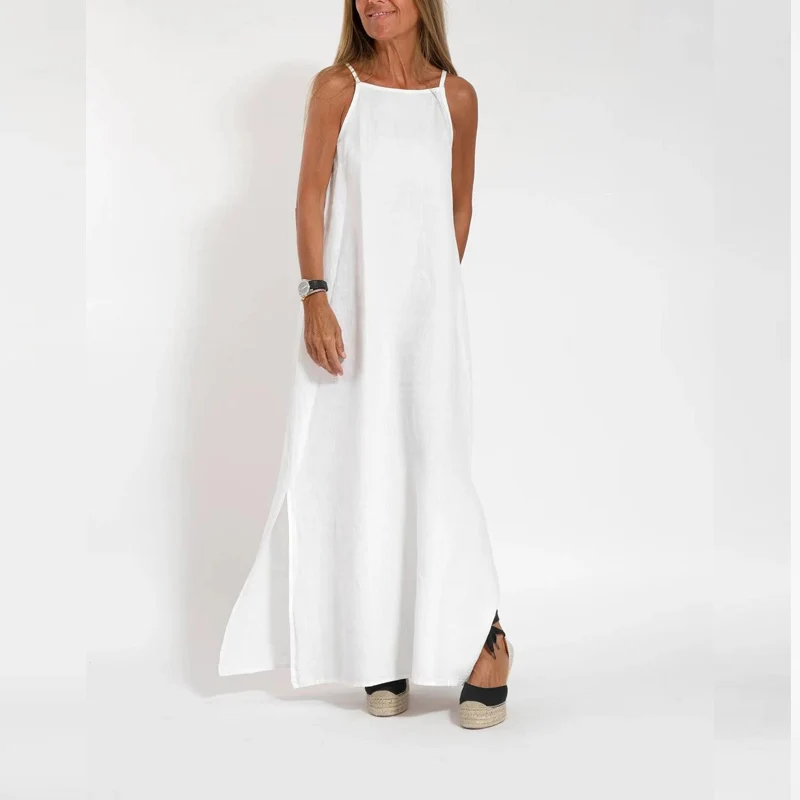 

Модное повседневное женское платье из хлопка и льна, однотонное Свободное длинное платье с Боковым Разрезом, модель 2023 года, женское сексуальное платье без рукавов с подвеской