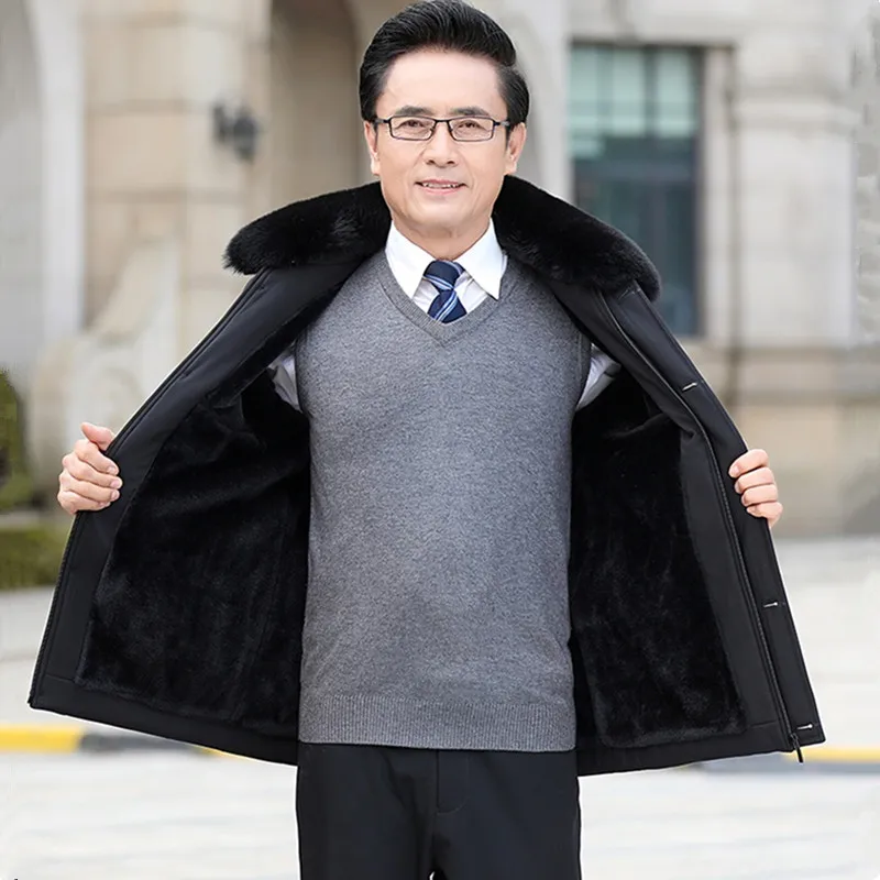 UHYTGF Middle-Aged Elderly Father Winter Cotton Jackets Men's Fur Collar Casual Male Parkas Coats Thicken Warm Short Overcoat144